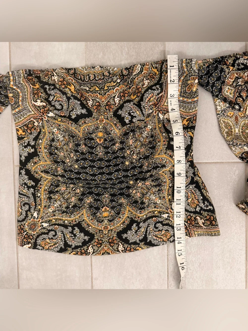 Bronx & Banco Off-Shoulder Paisley Print Blouson Sleeve Top Black & Brown Size 6